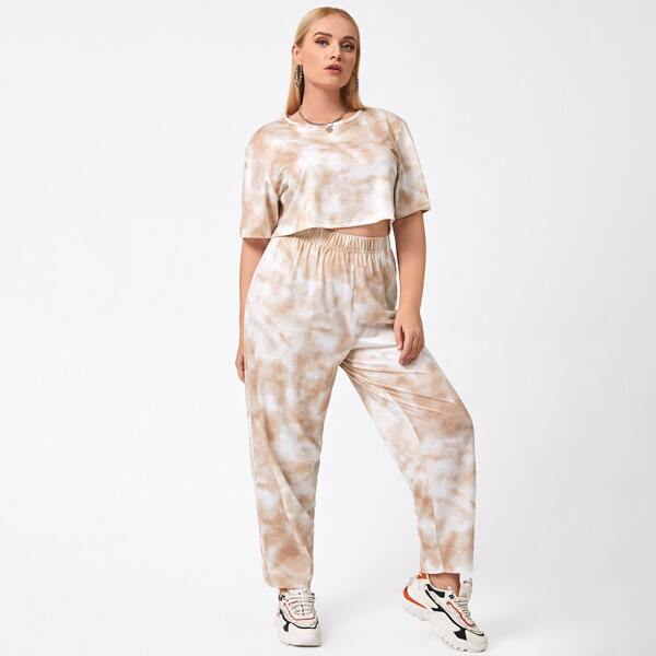 

Plus Tie Dye Crop Tee With High Waisted Sweatpants, Multicolor