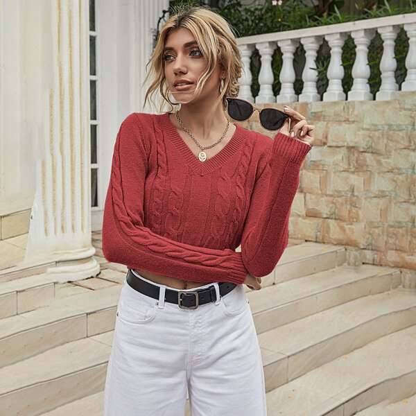

Solid Cable Knit Crop Sweater, Red
