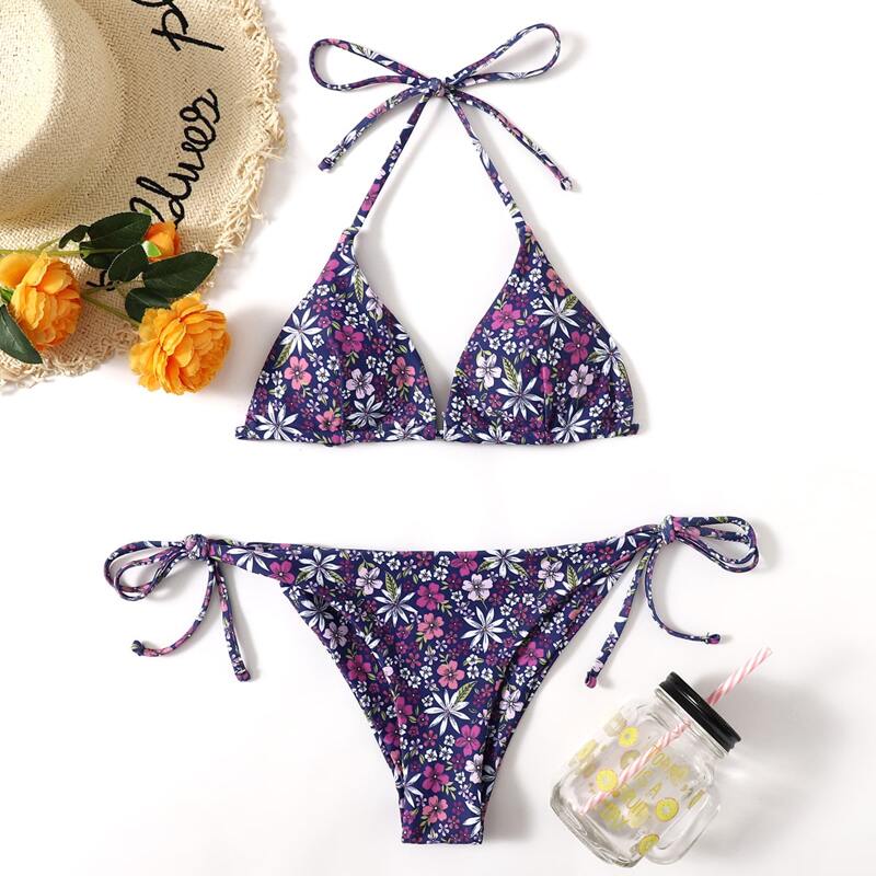 

Ditsy Flower Triangle Tie Side Bikini Swimsuit, Multicolor