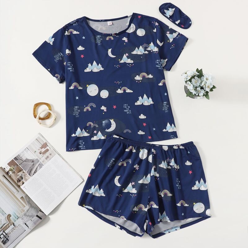 

Plus Slogan & Cartoon Graphic PJ Set & Eye Mask, Navy blue