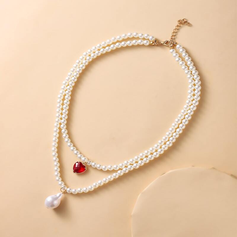 

Heart Charm Faux Pearl Layered Necklace, White