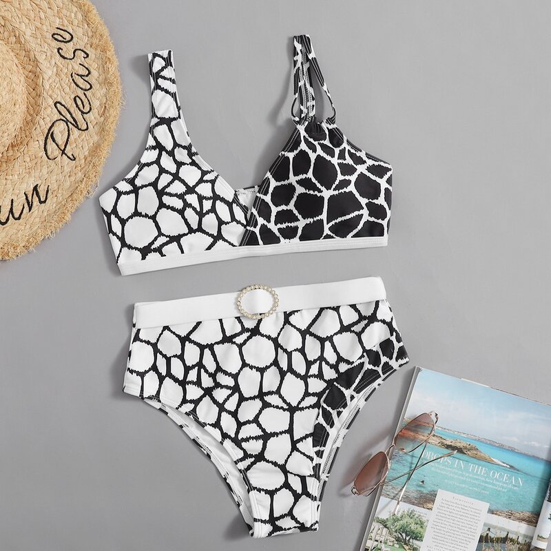 

All Over Print Colorblock Bikini Swimsuit, Black and white