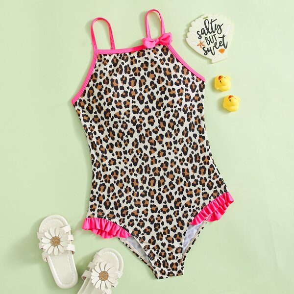 

Girls Leopard Frill One Piece Swimsuit, Multicolor