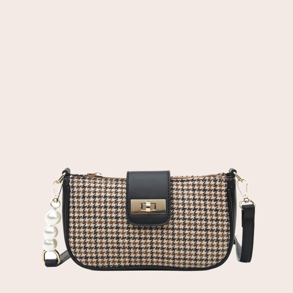 

Faux Pearl Decor Houndstooth Turn-Lock Shoulder Bag, Black
