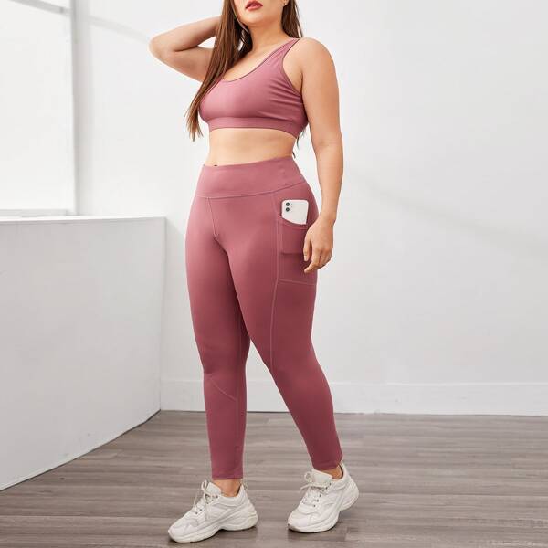 

Plus Solid Sports Bra With Pocket Side Wide Band Waist Leggings, Redwood
