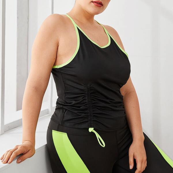 

Plus Contrast Binding Drawstring Ruched Sports Cami Top, Black