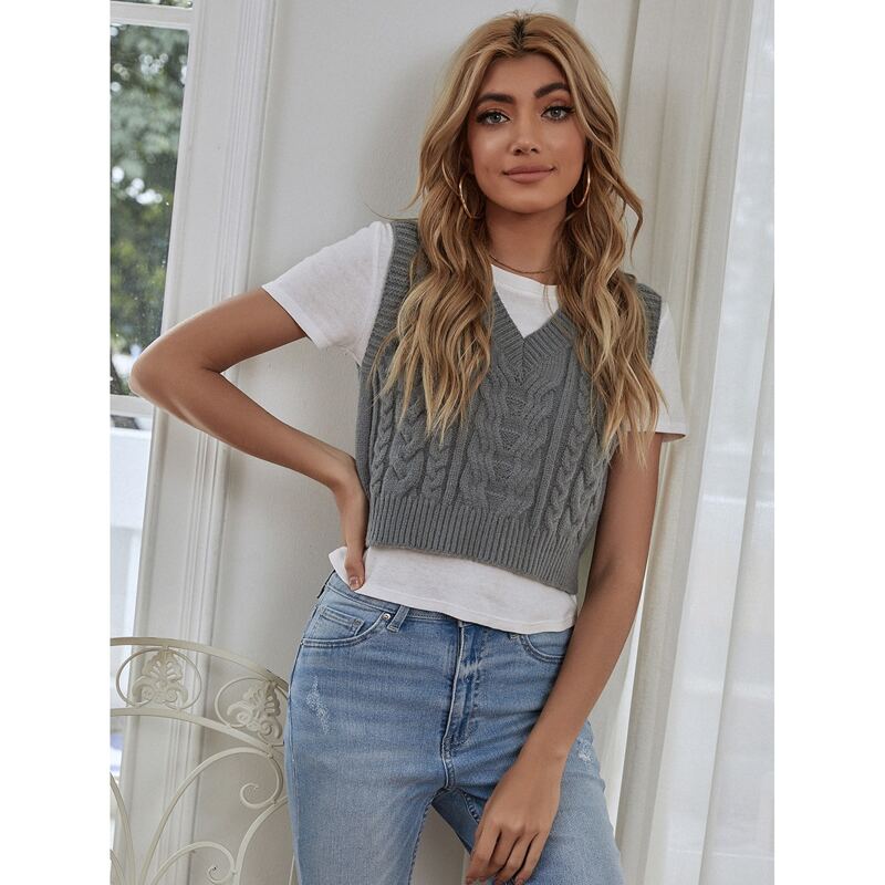 

V-neck Cable Knit Sweater Vest Without Tee, Grey