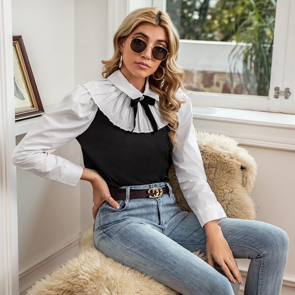 

2 In 1 Rhinestone Bow Pleated Blouse, Black and white