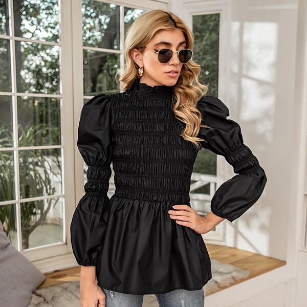 

Gigot Sleeve Shirred Peplum Blouse, Black