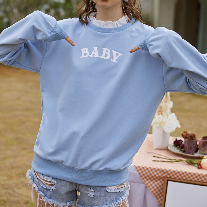 

Frill Neck Letter Graphic Sweatshirt, Baby blue