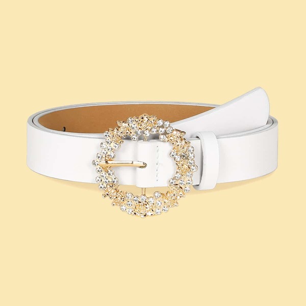 

Rhinestone Decor Buckle Belt, White