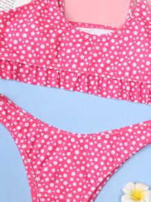 SHEIN Swim Ditsy 花卉荷葉邊繫帶肩部比基尼套裝夏季海灘 - 粉色 - 查看 3