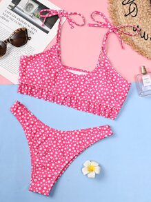 SHEIN Swim Ditsy 花卉荷葉邊繫帶肩部比基尼套裝夏季海灘 - 粉色 - 查看 4