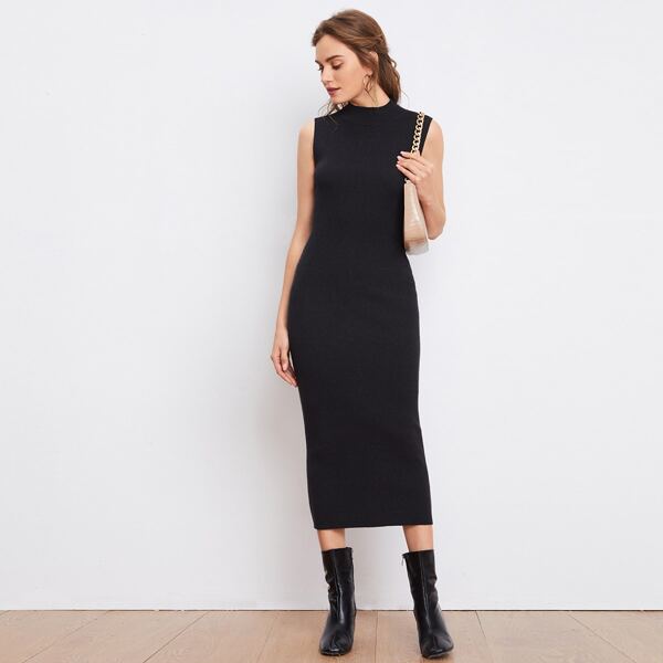 

Mock Neck Rib-knit Sweater Dress, Dark grey