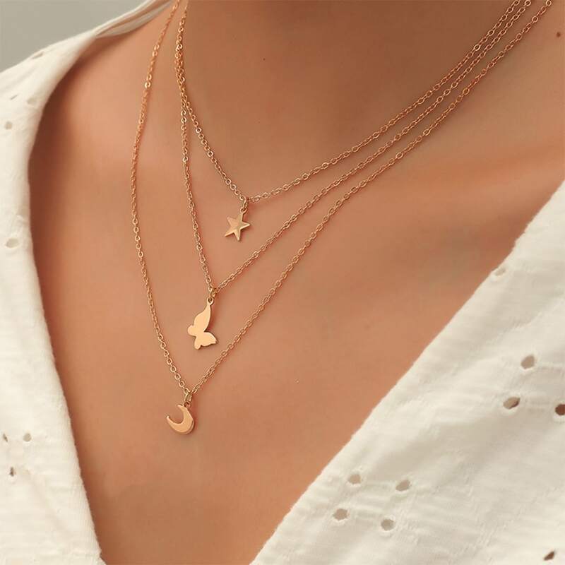 

3pcs Butterfly & Star Charm Necklace, Gold