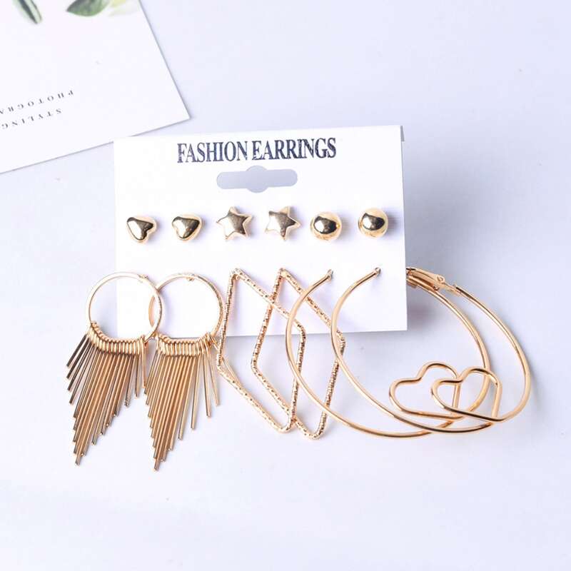 

6pairs Tassel & Heart Earring Set, Gold
