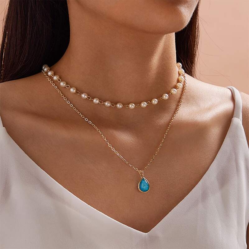 

Water Drop & Faux Pearl Layered Necklace, Multicolor