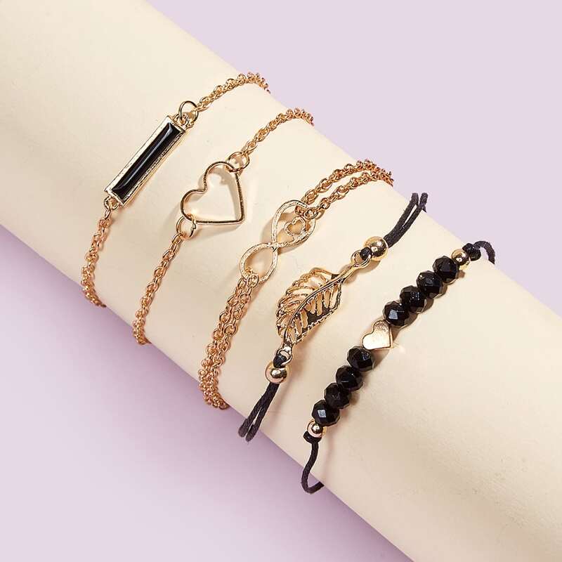 

5pcs Leaf & Heart Decor Bracelet Set, Gold