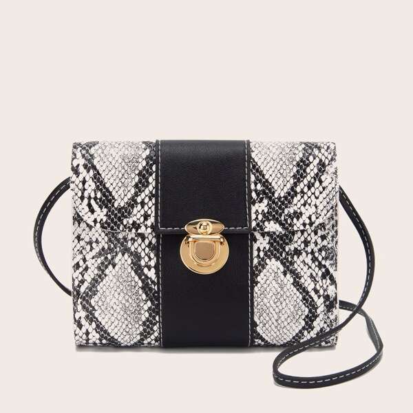 

Snakeskin Print Push Lock Flap Crossbody Bag, Black and white