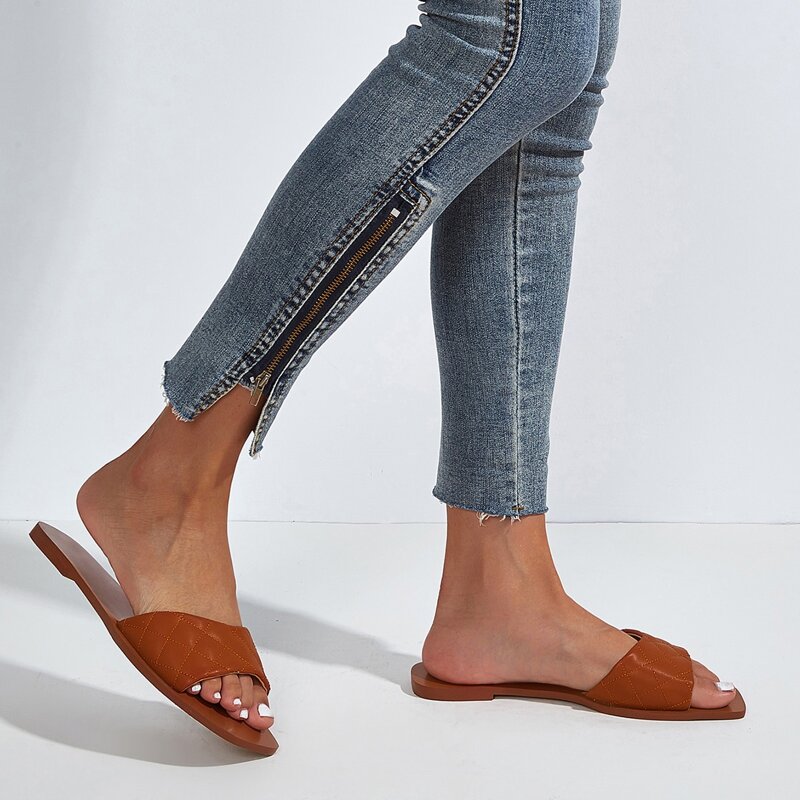 

Quilted Wide Fit Slide Sandals, Brown