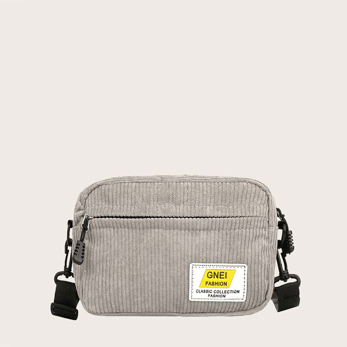

Letter Patch Corduroy Crossbody Bag, Grey
