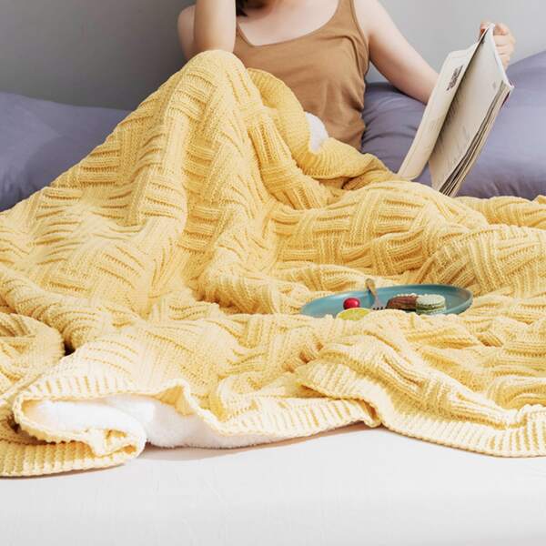 

Plain Knitted Plush Blanket, Yellow