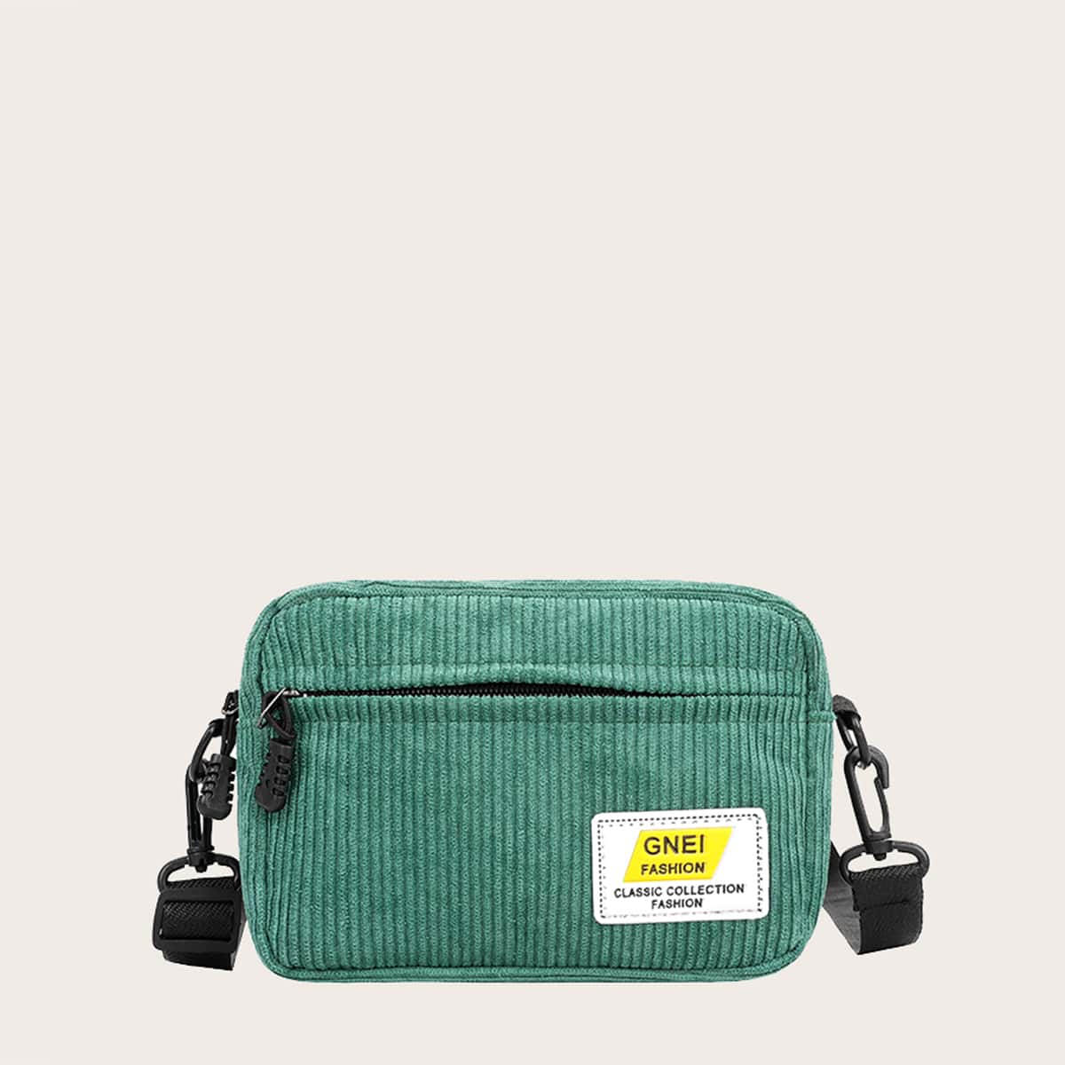 

Letter Patch Corduroy Crossbody Bag, Green