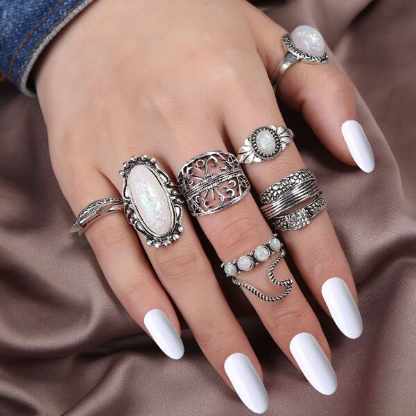 

9pcs Hollow Out Flower Decor Ring, Silver