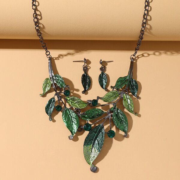

1pc Leaf Pendant Necklace & 1pair Earrings, Green
