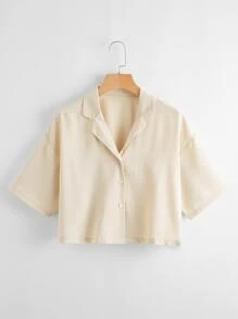 SHEIN LUNE 素色翻領襯衫 - 米色 - 查看 1