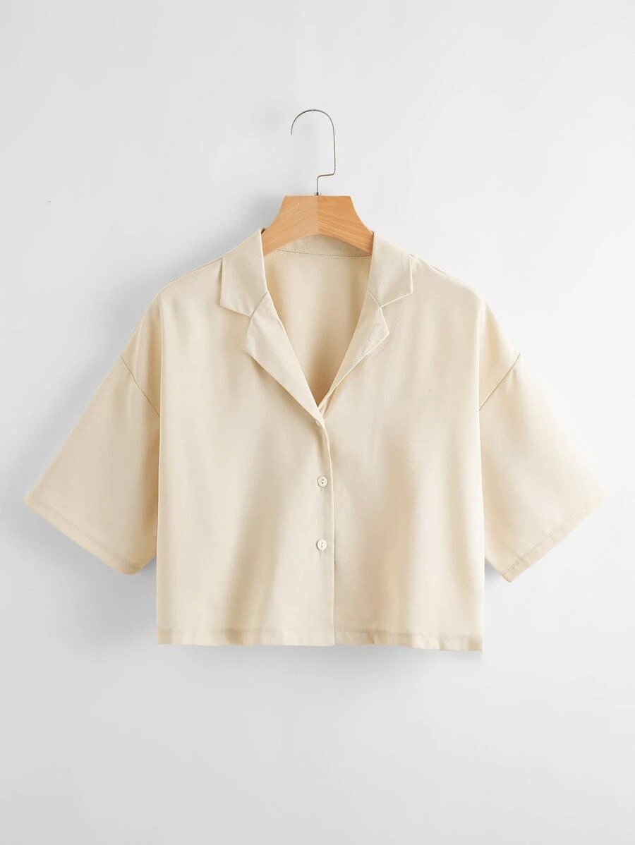 SHEIN LUNE 素色翻領襯衫 - 米色 - 查看 1