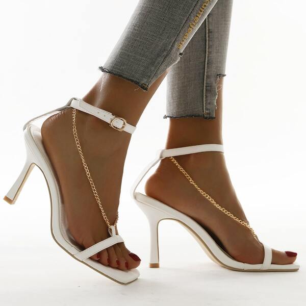 

Chain Decor Sculptural Heeled Sandals, White