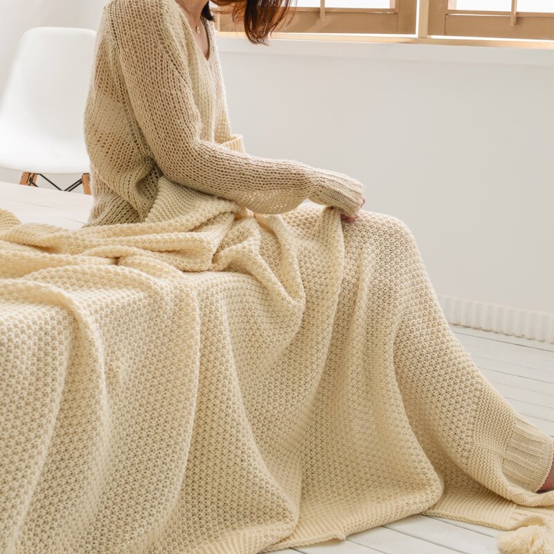 

Tassel Decor Knitted Blanket, Beige