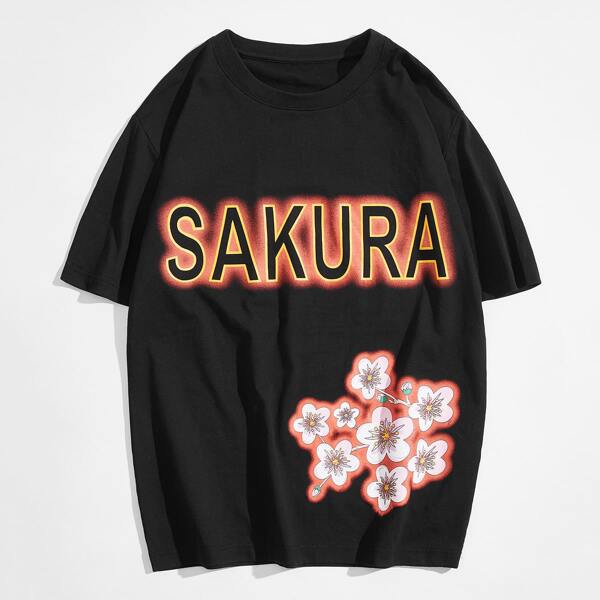 

Men Cat And Flower Print Tee, Black
