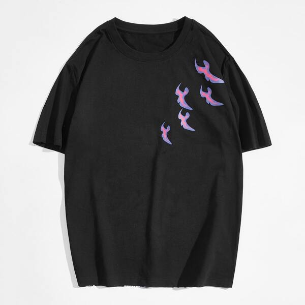 

Men Waves And Flower Print Tee, Black