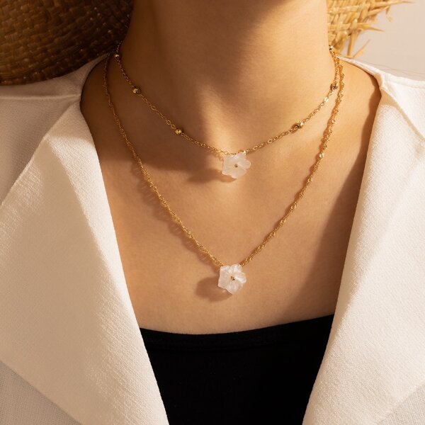 

Flower Charm Layered Necklace, Gold
