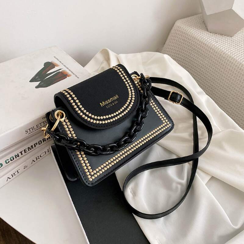 

Embroidery Trim Chain Crossbody Bag, Black