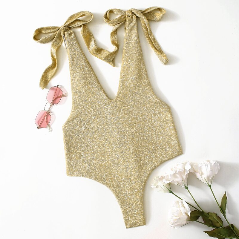 

Knot Shoulder Glitter One Piece Swimsuit, Gold