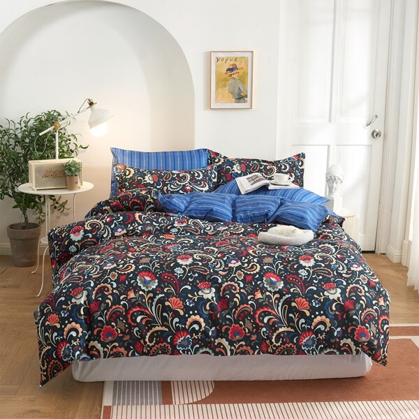 

Flower Print Duvet Cover Set Without Filler, Multicolor