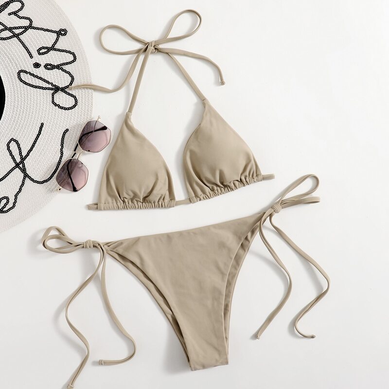 

Solid Triangle Tie Side Bikini Swimsuit, Khaki