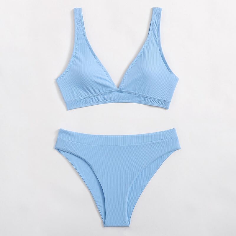 

Ribbed V Neck Bikini Swimsuit, Blue