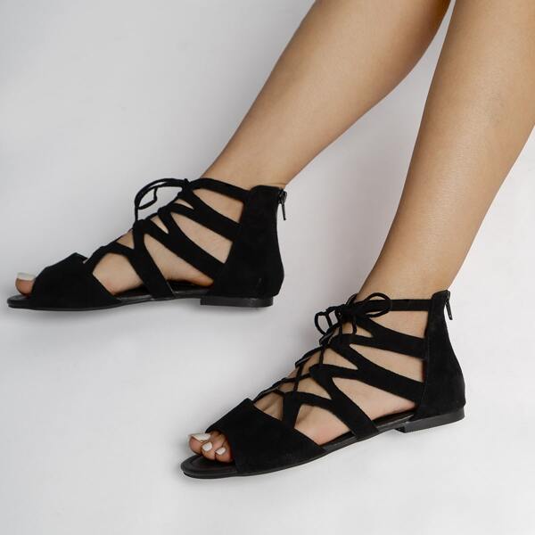 

Lace-up Front Zipper Back Sandals, Black