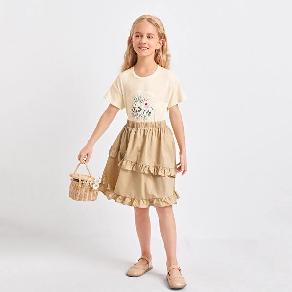 

Girls Letter & Floral Print Tee & Layered Skirt Set, Multicolor
