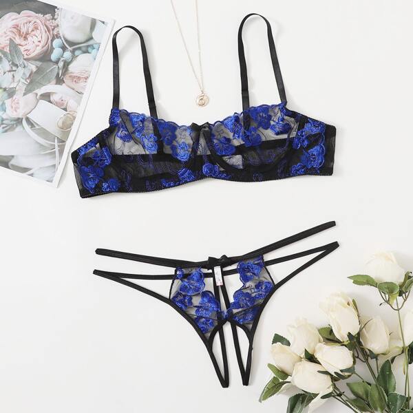 

Plus Embroidered Mesh Underwire Lingerie Set, Multicolor