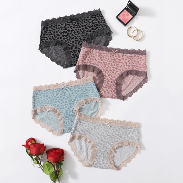 

4pack Leopard Lace Trim Panty Set, Multicolor