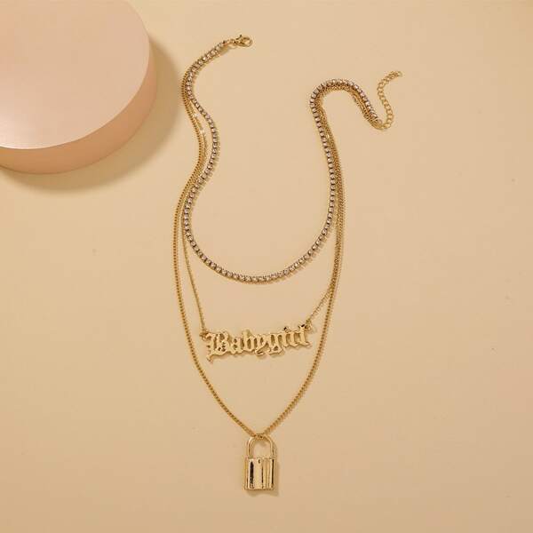 

Lock Charm Layered Necklace, Gold