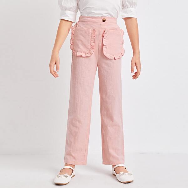

Girls Ruffle Trim Pocket Pants, Baby pink