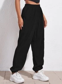 Elastic Waist Cord Trousers - Black - View 1
