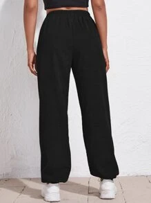 Elastic Waist Cord Trousers - Black - View 2