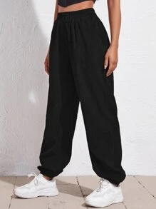 Elastic Waist Cord Trousers - Black - View 3